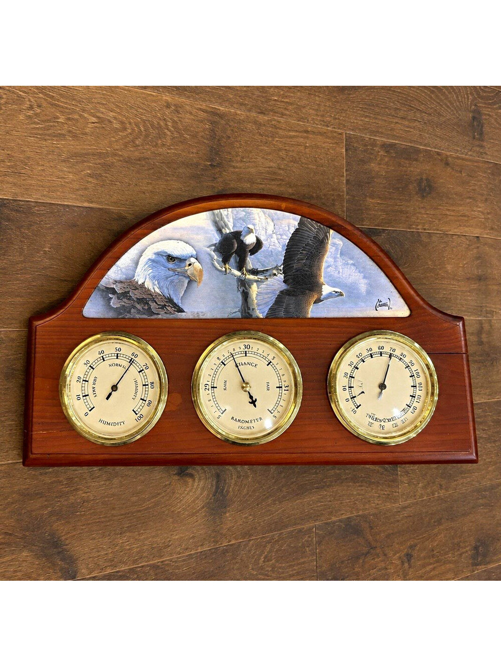 Bald Eagle Wood Wall Weather Station Barometer Thermometer Hygrometer 3 Dial